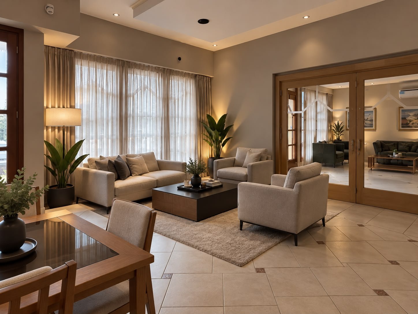 Living de la renovación de Ancona Hotel, con sillones claros e iluminación cálida